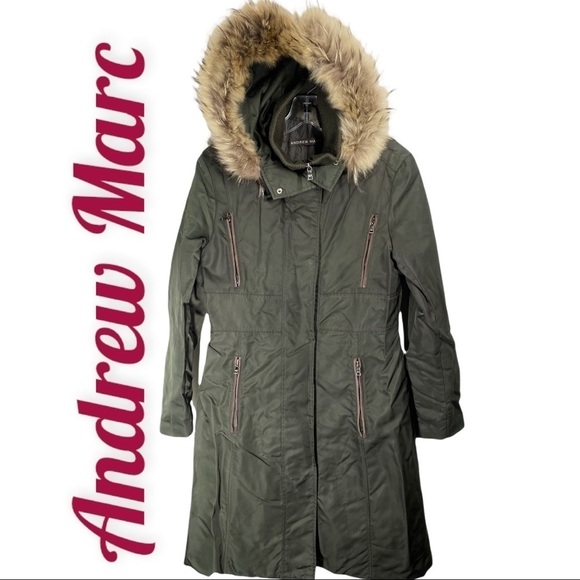 ANDREW MARC Olive Army Green Long Down Coat With Fur Trimmed Hood, Size Small - Picture 3 of 11